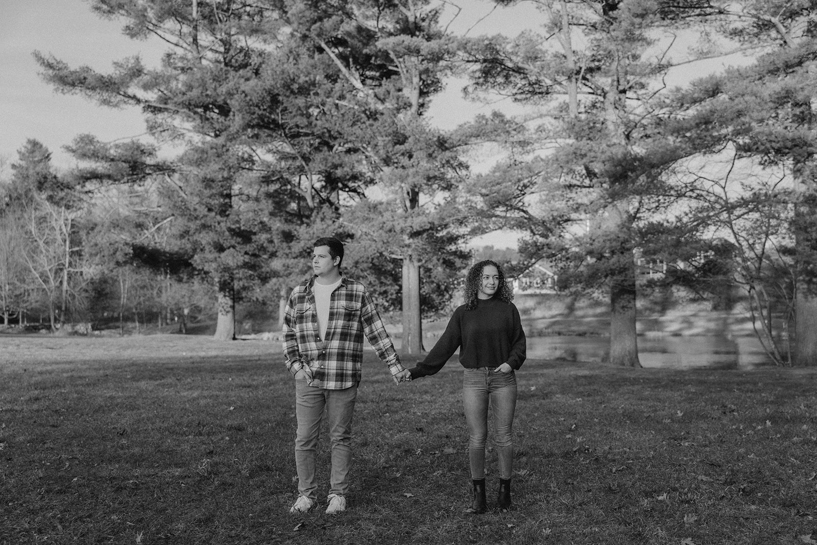 stunning black and white photo of a Fall New England engagement photoshoot