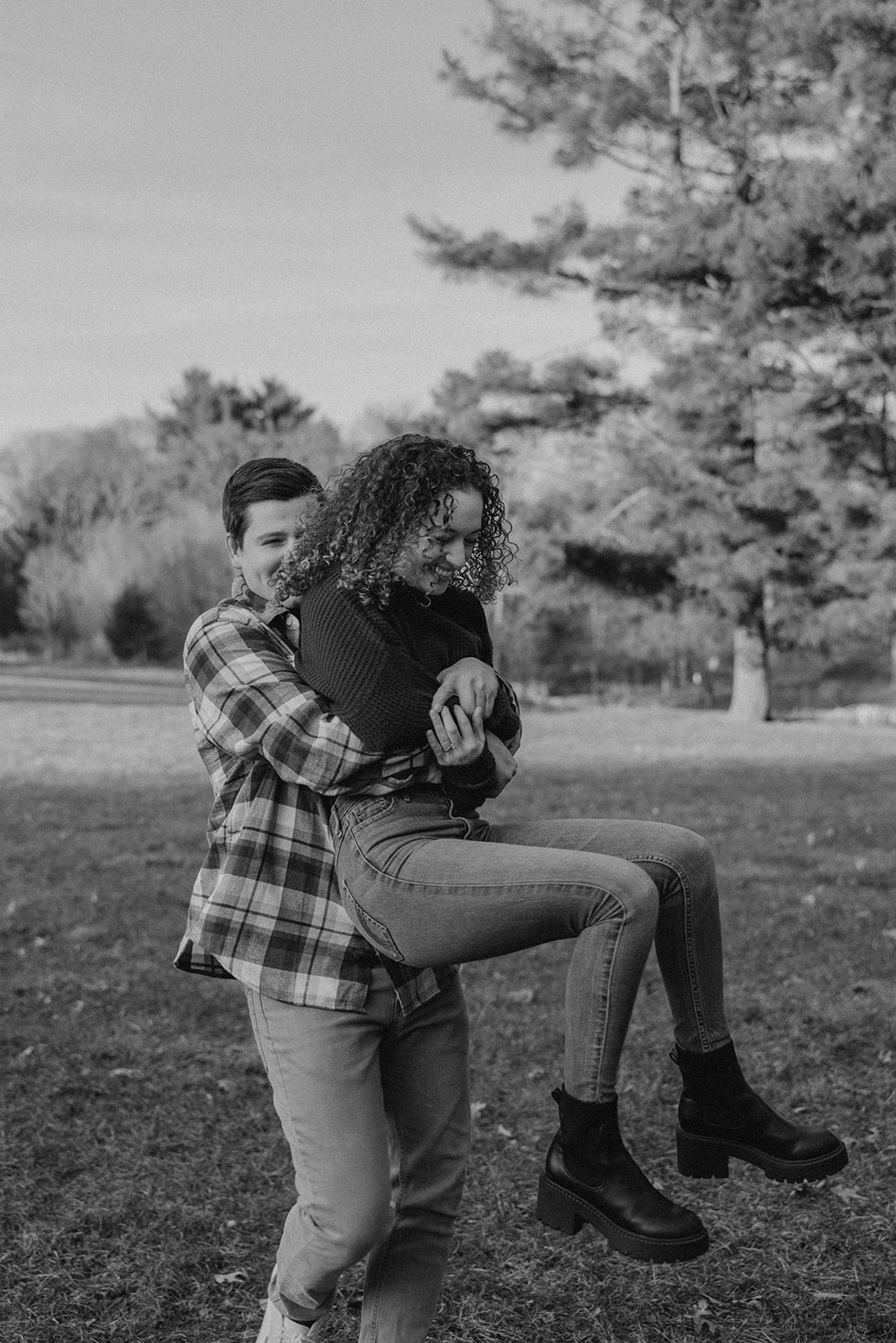 stunning black and white photo of a Fall New England engagement photoshoot