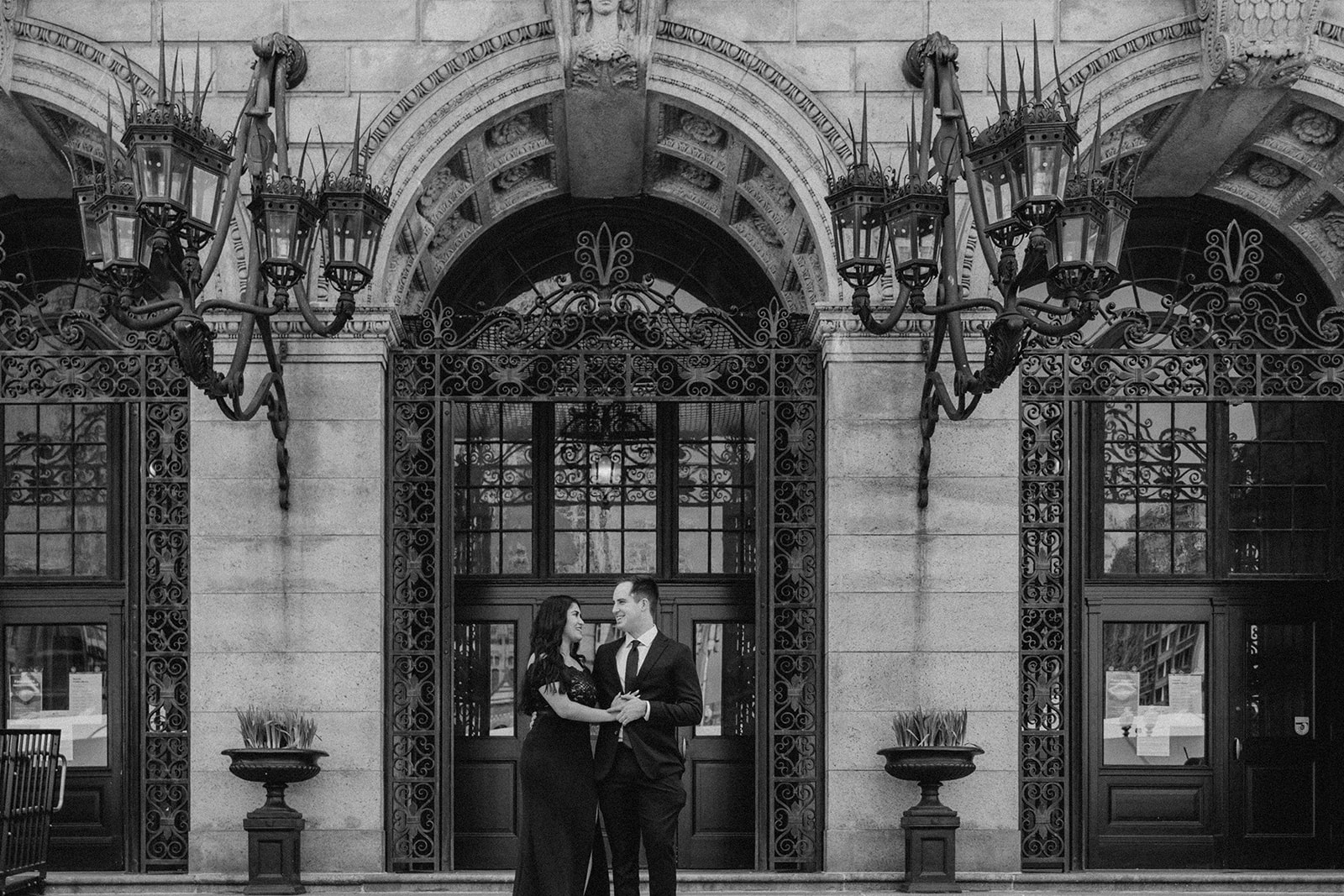 stunning couple pose with the beautiful Boston architecture in the background 