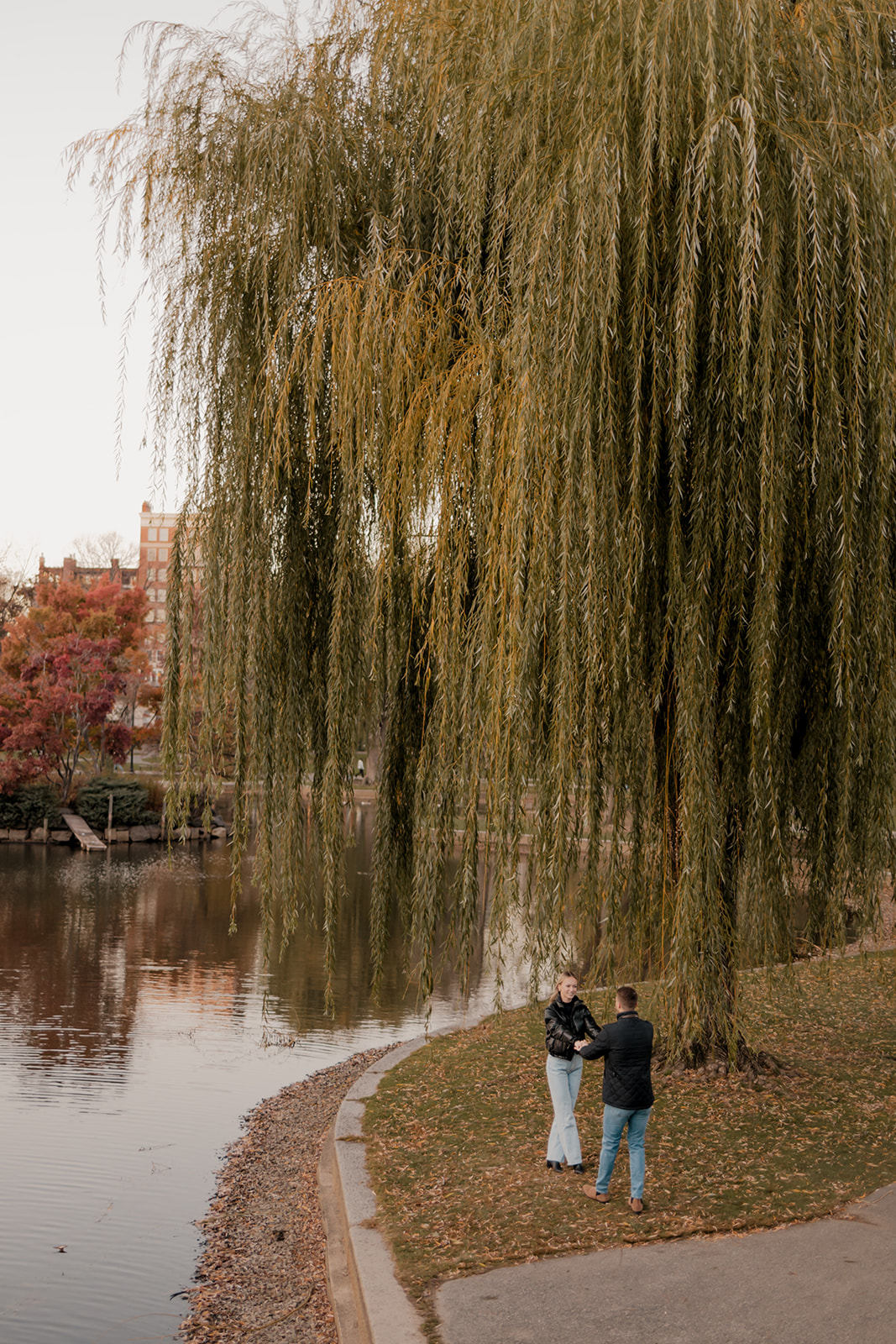 Beautiful couple pose together in a Boston garden, a perfect Boston engagement location