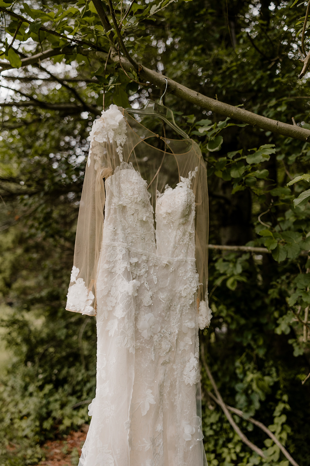 wedding dress hangs in a tree ahead of a dreamy New England elopement ceremony