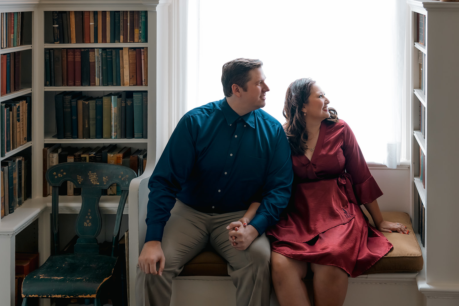 beautiful couple pose together during their Nichols House museum engagement photoshoot in Boston