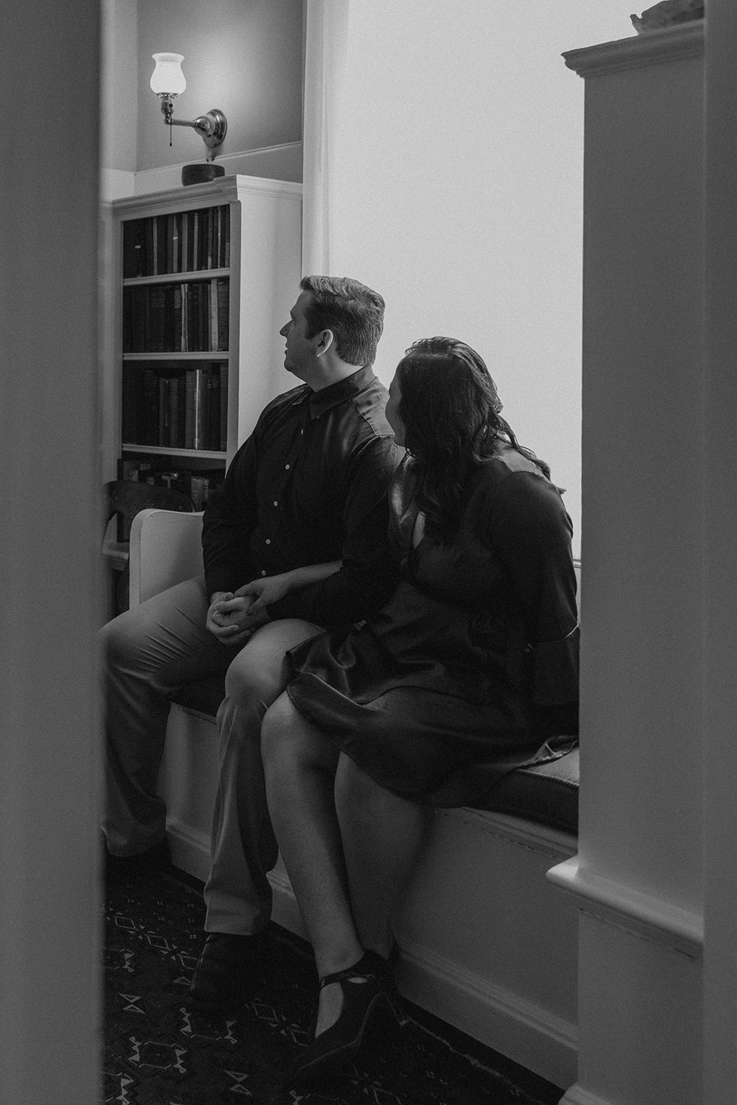 beautiful couple pose together during their Nichols House museum engagement photoshoot in Boston