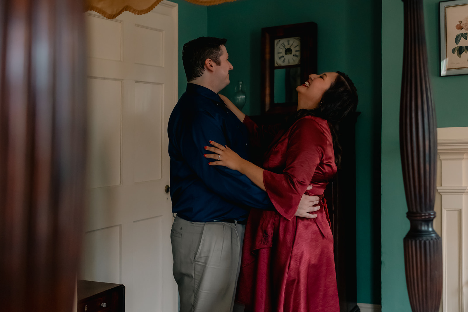 beautiful couple pose together during their Nichols House museum engagement photoshoot in Boston