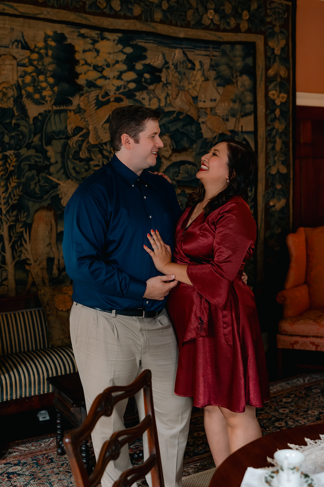 beautiful couple pose together during their Nichols House museum engagement photoshoot in Boston