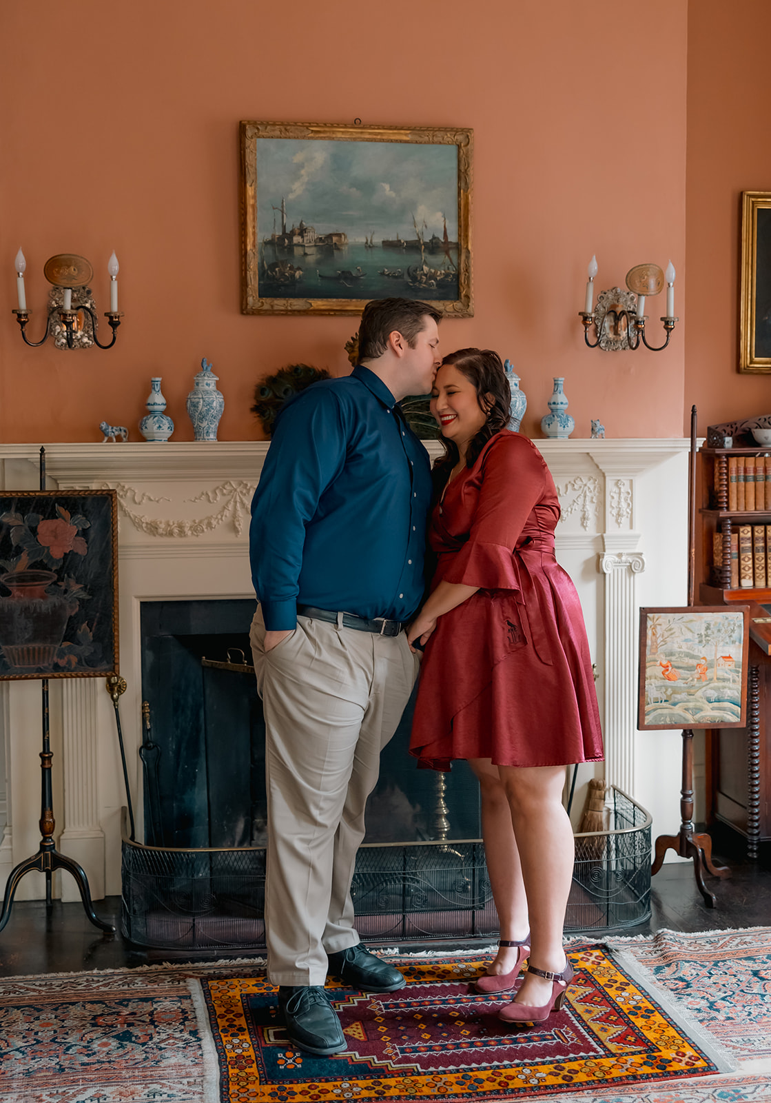 beautiful couple pose together during their Nichols House museum engagement photoshoot in Boston