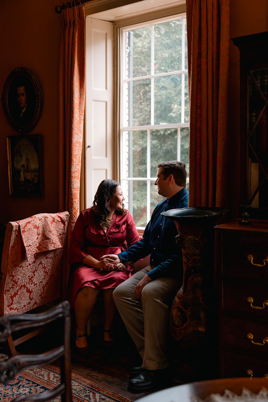 beautiful couple pose together during their Nichols House museum engagement photoshoot in Boston