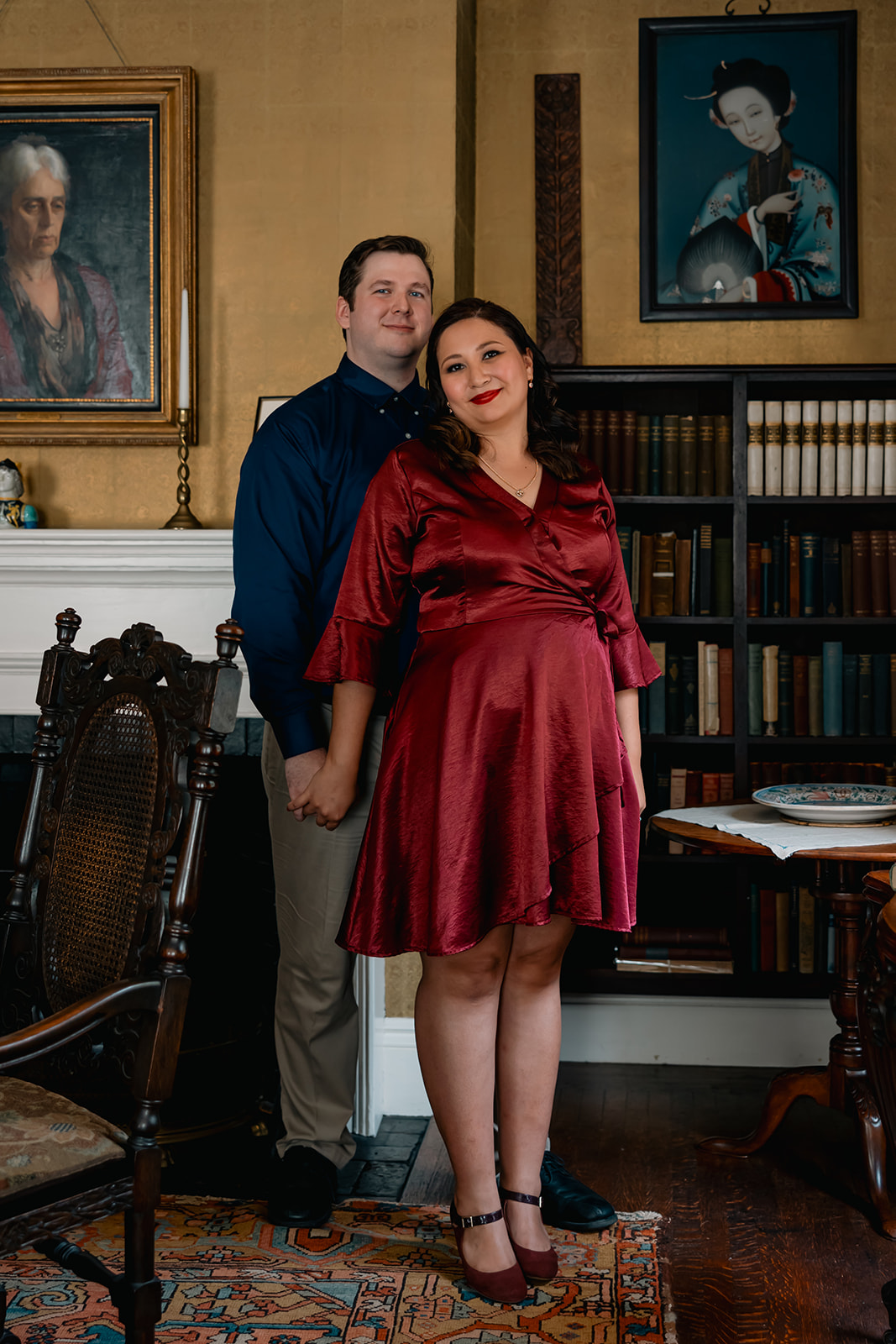 beautiful couple pose together during their Nichols House museum engagement photoshoot in Boston