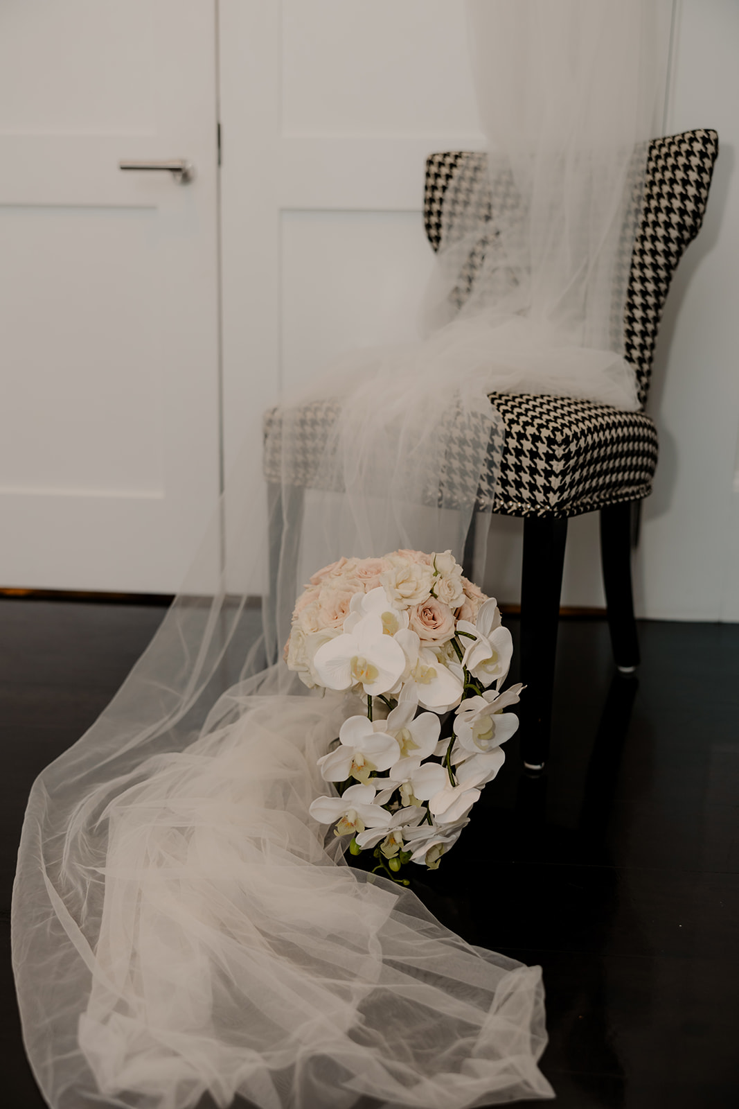 beautiful wedding dress and bouquet sits ready for a beautiful Boston wedding day