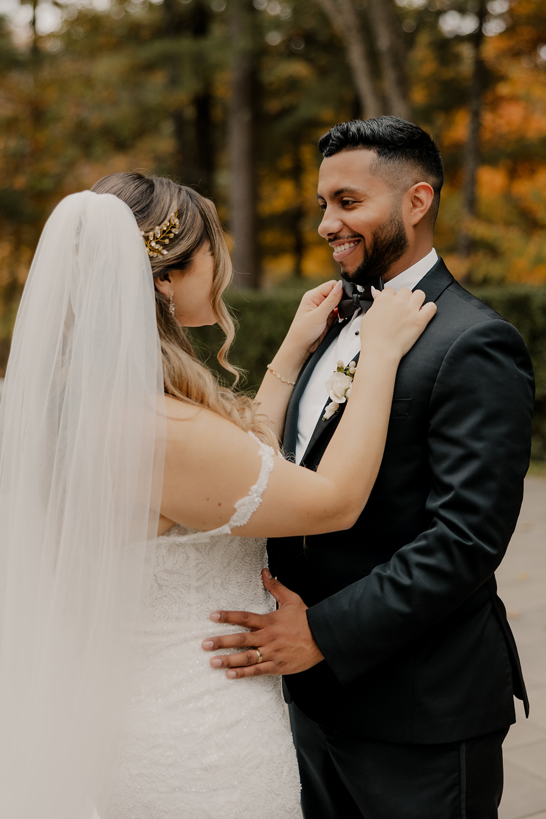 beautiful bride and groom pose together after their dreamy Fall Boston wedding day