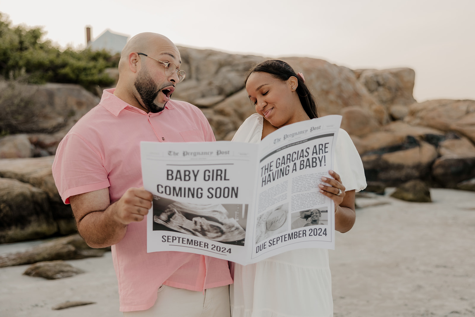 stunning couple pose together during their pregnancy announcement shoot and maternity photos